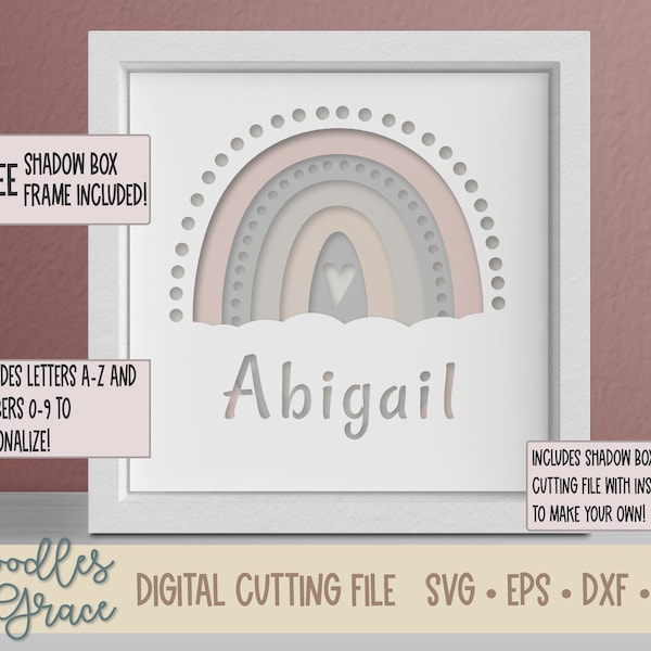 3D パーソナライズ レインボー シャドー ボックス SVG | ボヘミアン レインボー SVG | 名前シャドー ボックス SVG | DIY ボヘミアン レインボー デコレーション | ボヘミアン レインボー カッティング ファイル