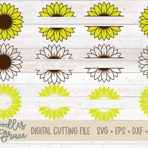 Puede incluir: Archivo de corte digital con diseños de girasoles en amarillo y marrón. La imagen incluye girasoles completos, girasoles divididos y el texto "Doodles + Grace" y "DIGITAL CUTTING FILE SVG • EPS • DXF • PNG".