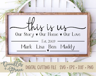 May include: A white sign with black text that reads "this is us" with the words "Our Story", "Our Home", and "Our Love" underneath. The sign also includes the text "Est. 2009" and the names "Mark", "Lisa", "Ben", and "Maddy".