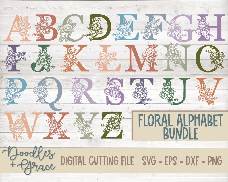 May include: Floral alphabet bundle with letters A through Z in various colors. Each letter is decorated with a floral design. The text "Floral Alphabet Bundle" is at the bottom of the image.
