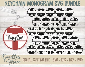 Pacchetto SVG monogramma portachiavi / Pacchetto SVG alfabeto / Pacchetto SVG portachiavi rotondo / Portachiavi monogramma diviso in formato SVG / File di taglio portachiavi Cricut