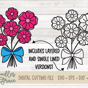 May include: A digital cutting file of a bouquet of pink flowers with a blue bow. The file includes layered and single-lined versions.  "INCLUDES LAYERED AND SINGLE LINED VERSIONS!"  "Doodles + Grace DIGITAL CUTTING FILE SVG. EPS. DXF. PNG"