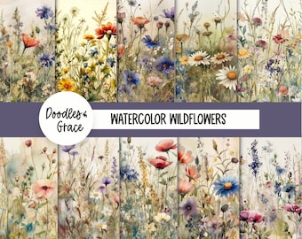 Könnte beinhalten: Ein digitales Papierpaket mit 10 Aquarell-Illustrationen von Wildblumen in verschiedenen Blautönen, Rosa, Rot, Gelb und Lila. Die Illustrationen sind vor einem hellbeigen Hintergrund angeordnet. Der Text "Doodles & Grace WATERCOLOR WILDFLOWERS" wird oben im Bild angezeigt.