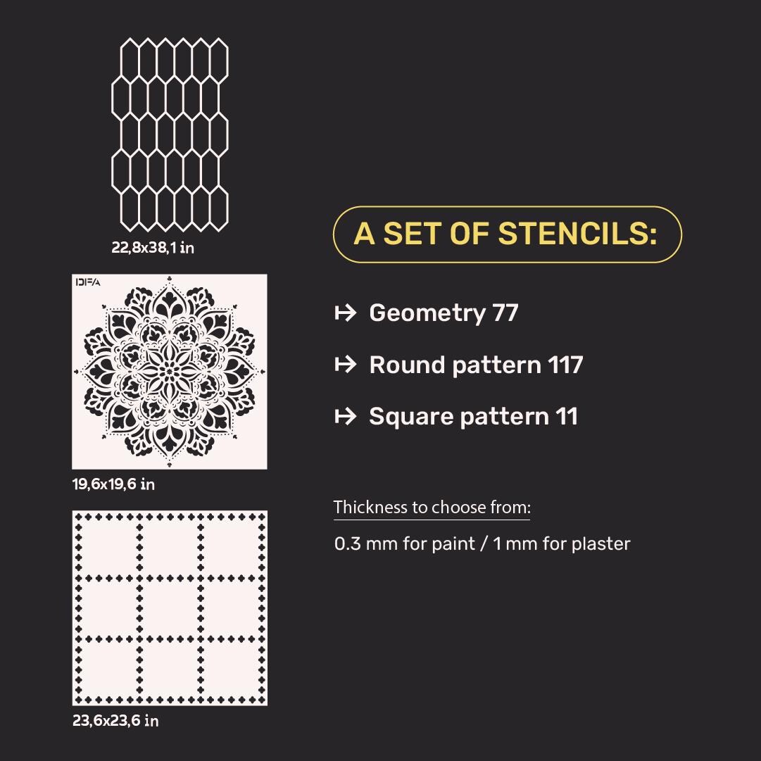3-piece Wall Stencil Set, Moroccan Tile, Floral Mandala and Geometric ...