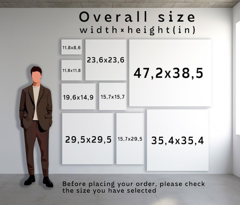 May include: Image showing various white square and rectangular canvas sizes with dimensions in inches. The text "Overall size width x height (in)" is at the top. The text "Before placing your order, please check the size you have selected" is at the bottom.