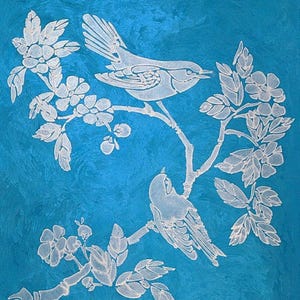 Botanical Bird on Branch Wall Stencil, Reusable Template for Decorative Plaster, Nature Wall Art, DIY Textured Decor, Floral Bird Pattern
