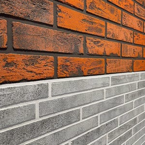 May include: A wall surface featuring two distinct sections of rectangular bricks. The upper portion consists of textured, weathered orange and dark brown bricks with dark mortar, while the lower portion features smooth, light gray bricks.