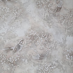 May include: A textured wall covering featuring a raised relief pattern of birds perched on flowering branches, interspersed with butterflies. The design is rendered in shades of off-white, cream, and soft taupe, creating a layered, dimensional effect.