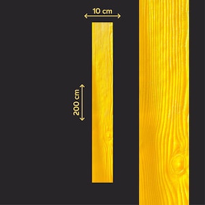 May include: A close-up of a yellow-painted wooden plank, 10 cm wide and 200 cm long, with visible wood grain. The image also shows a detailed section of the wood's texture. The background is dark.