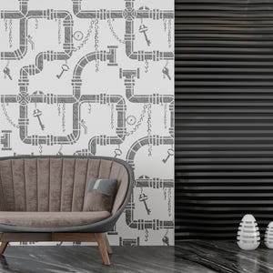 Steampunk Style Interior Stencil for Plaster, Pipes Stencil, Chains Wall Template, Wall and Floor Stencil, Reusable and Washable Stencils