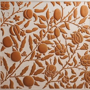 May include: A square wall panel featuring a raised, terracotta-colored relief pattern of botanical elements. The design consists of interconnected branches, various rounded fruits, and small flowers set against a smooth, off-white background.
