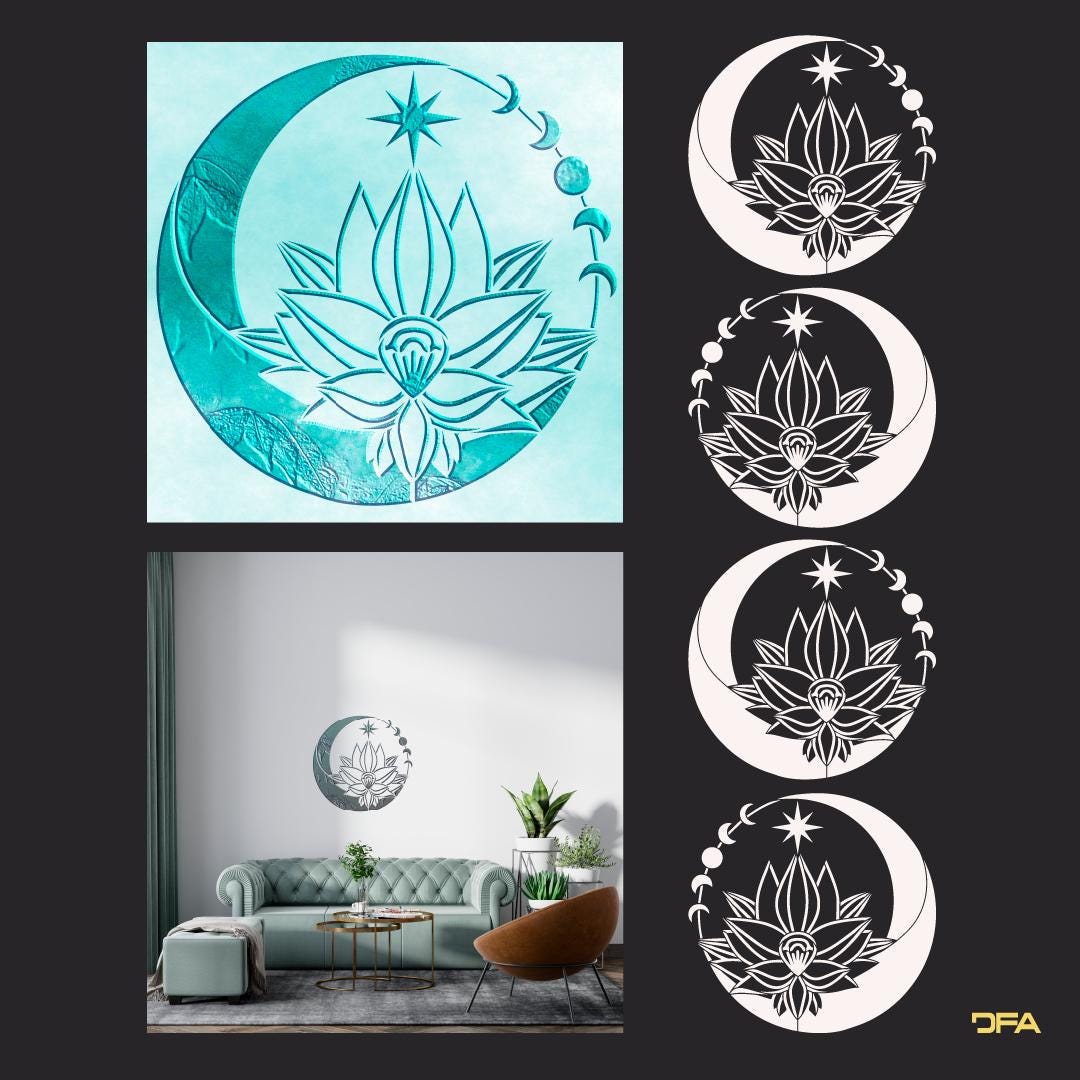 Circular Stencil With Large Crescent Moon and Lotus Flower, Geometric ...