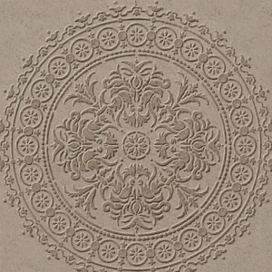 May include: A square tile featuring a circular embossed pattern in a light brown, stone-like finish. The design includes a central floral medallion surrounded by intricate scrolling foliage and a border of repeating circular flower motifs.