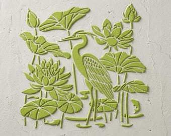Japanese Crane and Lotus Wall Stencil, Reusable Template for Paint or Plaster, Botanical Design for Furniture and Floor, DIY Home Decor
