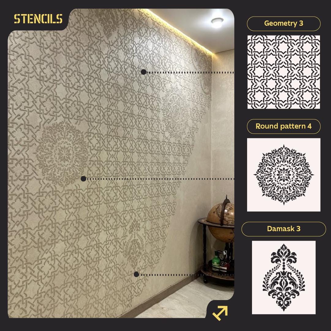 3 Wall Stencil Set Geometry Mandala Damask Pattern Template Kit ...