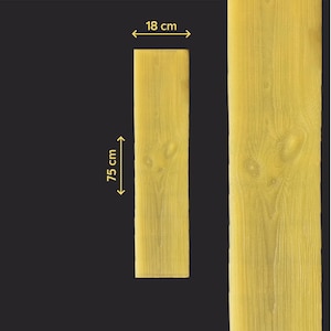 May include: A light-colored wooden plank, 75 cm (29.5 inches) long and 18 cm (7 inches) wide, with visible wood grain. The image shows a close-up of the wood's texture and color, with a dark background.