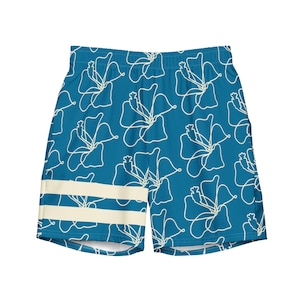 Mens Tropical Retro Stripe Swim Trunks, peacock blue/cream