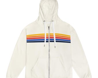 Retro 80&#39;s Aviator 5 Stripe Unisex Recycled Zip Hoodie, Blue/Red/Orange/Yellow stripes