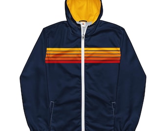 Retro Aviator 5 Stripe Water Resistant Unisex Hooded Windbreaker, Navy/Yellow