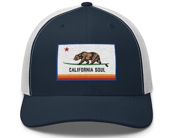 California Soul Surfer Flag, Embroidered Snapback Retro Trucker Cap, Blue Border