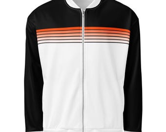 Retro Orange Gradient Stripe Unisex Bomber Jacket - Black/White Color Block