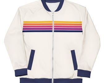 Retro Aviator 5 Stripe Unisex Bomber Jacket, Vintage White/Dusk Gradient
