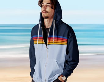 Retro Aviator 5 Stripe Unisex Zip Hoodie, Light Blue/Navy Color Block