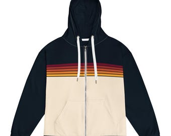 Retro Autumn Sunset Stripe Unisex Zip Hoodie - Vintage Navy/Cream Color Block