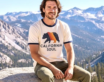 Vintage California Soul Bear Unisex Ringer T-shirt - Dark Navy/Cream