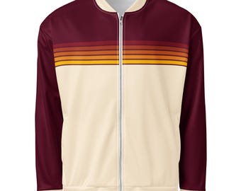 Retro Gradient Stripe Unisex Bomber Jacket - Burgundy/Vintage Cream Color Block