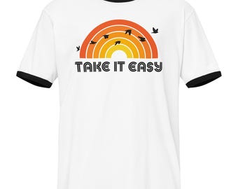 Take it Easy Retro Sunset Rainbow Unisex Ringer T-shirt