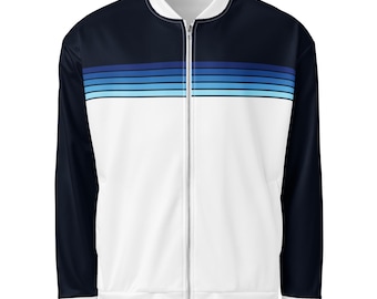 Retro unisex bomberjack, oceaangradiëntstrepen, marineblauw/wit kleurblok