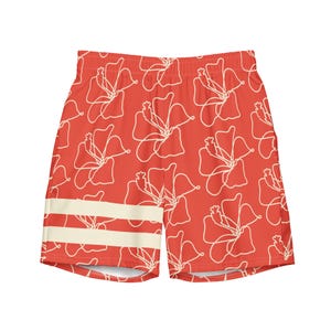 Mens Tropical Retro Stripe Swim Trunks, cream/blood orange