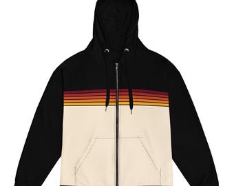 70s Retro Stripe Full Zip up Hoodie, Navy Vintage Rainbow Striped