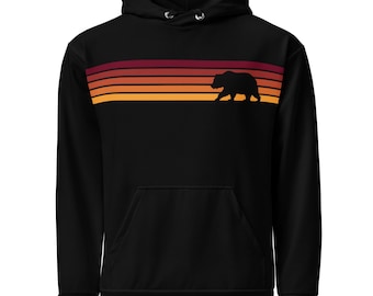 Retro Sunset Stripe Bear Silhouette Unisex Black Hoodie