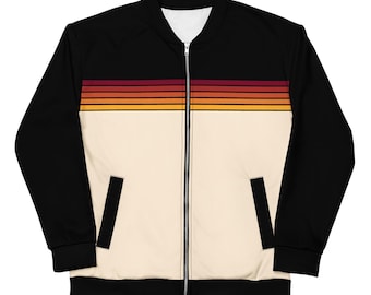 Retro Autumn Sunset Stripe Unisex Lightweight Bomber Jacket - Vintage Black/Cream Color Block