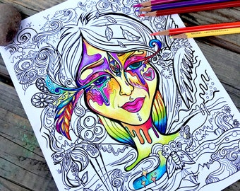 Coloring Page, All But A Dream, Trippy Goddess, nature & animals, Print at home, , Creative Coloring digital download for all ages