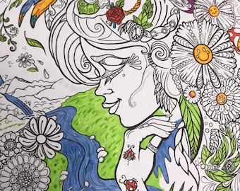 Magical Forest Coloring Page, Nature Goddess Coloring Download, Flower Hippie coloring, nature adult coloring, relaxing art for coloring