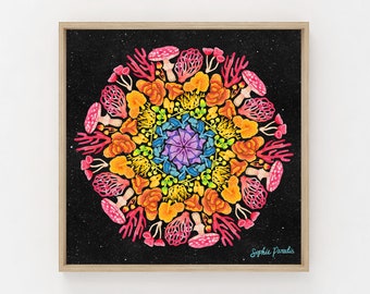 Mushroom Mandala Watercolor Painting Print | Rainbow Mandala | Mycology Mandala | Black Space Background