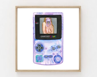 Gameboy Color Clear | Purple Nudetendo Print | Retro Art | Video Games | Nude Female Figure | Watercolor Painting Print