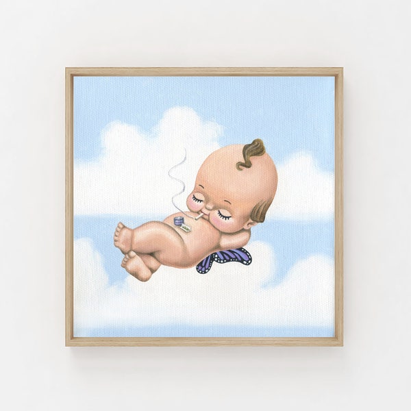 Kewpie Smoking Joint / Kewpie Angel Baby / Art Print / Painting / Marijuana Art / Weed Art