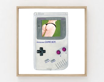 Gameboy | Grey Nudetendo Print | Retro Art | Video Games | Nude Female Figure | Watercolor Painting Print