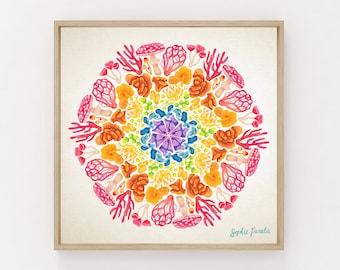 Mushroom Mandala Watercolor Painting Print | Rainbow Mandala | Mycology Mandala