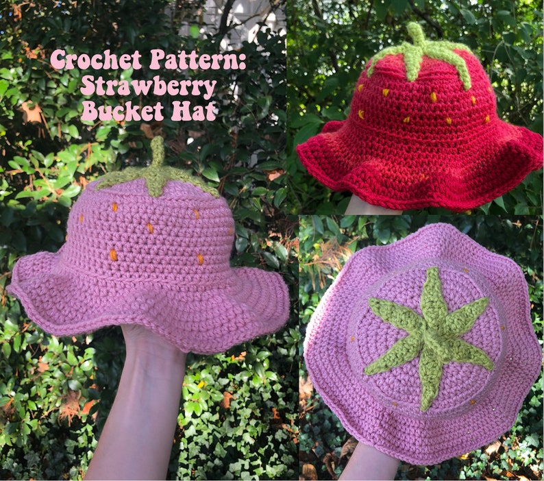 Crochet Strawberry Bucket Hat PATTERN Digital Download image 1