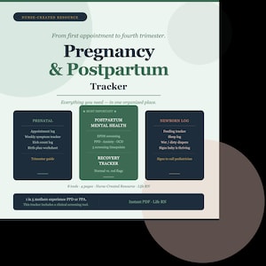 Puede incluir: Un rastreador de embarazo y posparto con secciones para atención prenatal, salud mental posparto y registros de recién nacidos. El documento incluye 8 herramientas en 4 páginas, con registros de síntomas, alimentación y recuperación.