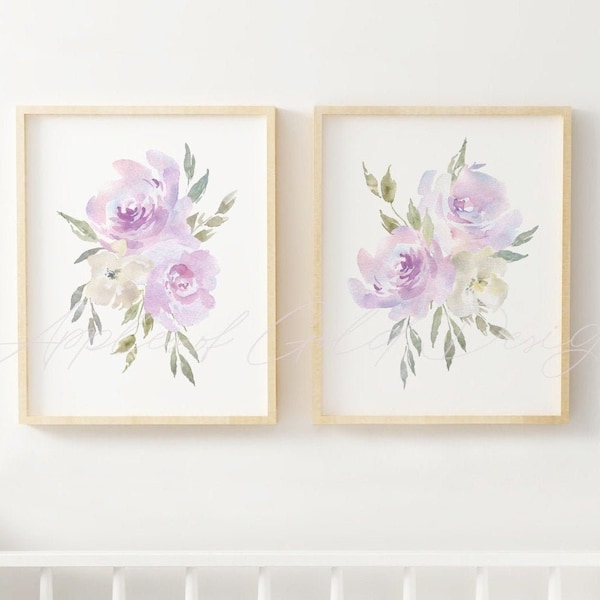Purple Watercolour Flowers Printable - Lavender Floral Baby Room Wall Decor - Baby Girl Nursery Art - Mauve and Grey Bedroom