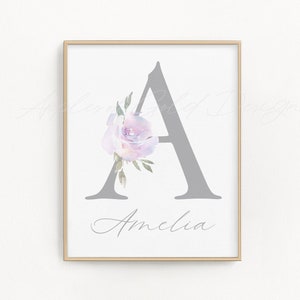 Purple Floral Letter and Name Sign - Floral Nursery Art Print - Lavender Girl Nursery Decor - Personalised Baby Room - Monogram - Watercolor