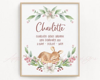 Baby Deer Birth Stats Print - Woodland Nursery Wall Decor - Birth Announcement - Woodland Animal Baby Room - Girls Room Name Sign