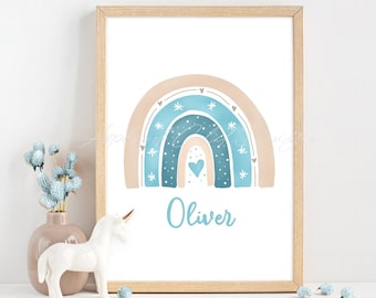 Personalized Blue Rainbow Nursery Print: Baby Boy Room Decor (Digital Download)