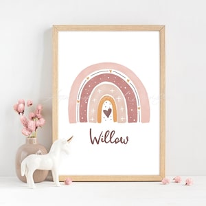 Puede incluir: Una impresión enmarcada con un arcoíris rosa, naranja y marrón con un corazón en el centro. El arcoíris está decorado con estrellas doradas y puntos. El texto "Willow" está debajo del arcoíris.